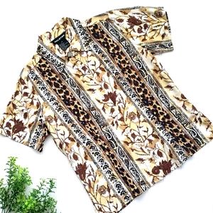 Halston Vintage Silk Button Down Floral Leopard Button Up size 8P Ivory Boho